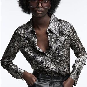 Zara Black and Gray Snake Print Blouse